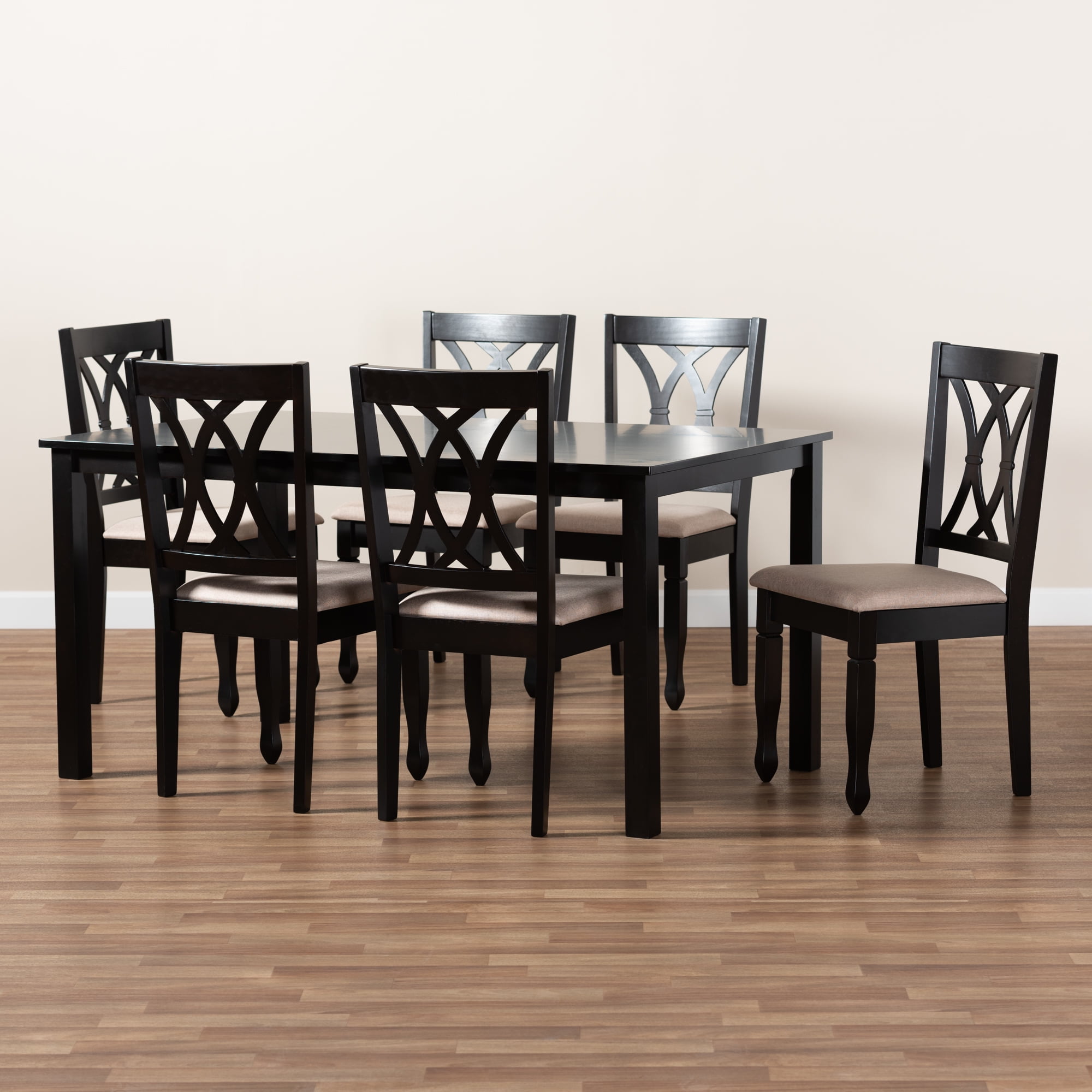 Baxton Studio Reneau Modern and Contemporary Sand Fabric Upholstered Espresso Brown Finished Wood 7-Piece Dining Set