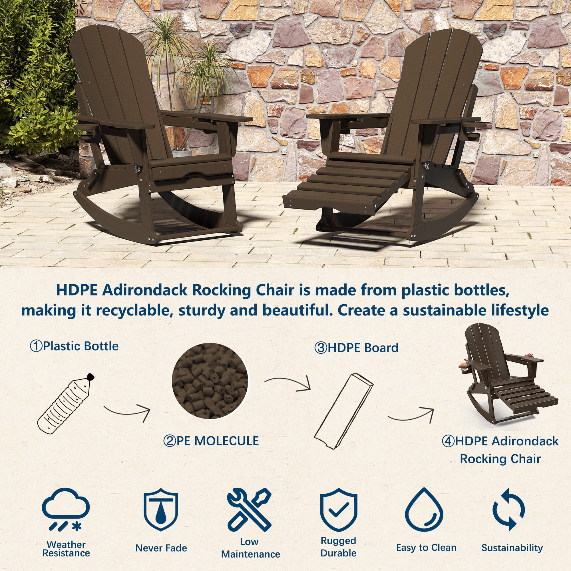 FOOWIN HDPE Plastic Rocking Adirondack Chair, Folding Rocking Chairs for Patio Porch Rocker Chair, Coffee