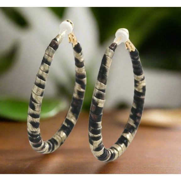 Clip on 2 3/4" gold, brown, black animal print PU leather teardrop hoop earrings