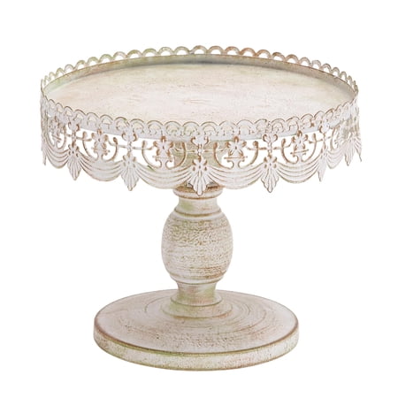 DecMode 10" x 9" White Metal Decorative Stand with Lace Inspired Edge, 1-Piece