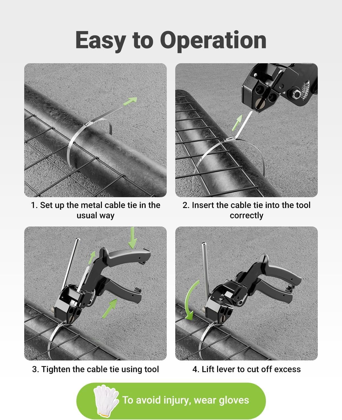 Stainless Steel Cable Tie Gun with Metal Zip Ties,Stainless Steel Cable Tie Gun Kit with 150pcs, Self Locking Metal Steel Wire Ties, UV Resistant Chain Link Fence Parts for Outdoor