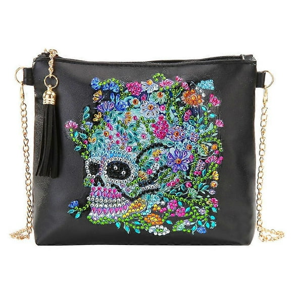 Skull With Flower Pattern Beads Painting Shoulder Pouch For Women Fashion Durable Outdoor Activities 18X15X2CM 1Set
