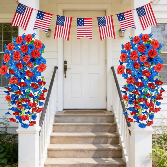 Todaioua Independence Day Patriotic Morning Glory Garland Red White Blue Hanging Flowers Fake Vines for 4th of July Party Decor Outdoor Indoor Home Garden Porch Patriotic Decorations