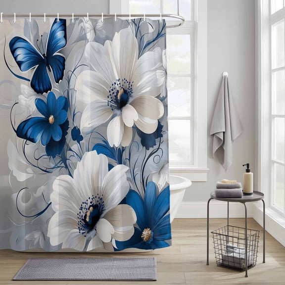 Bathroom Shower Curtain Spring Garden Booming Floral Waterproof Shower Curtains with Hooks, Elegant White Blue Flower Bath Curtains Bathtub Curtain Home Decor 36x72in