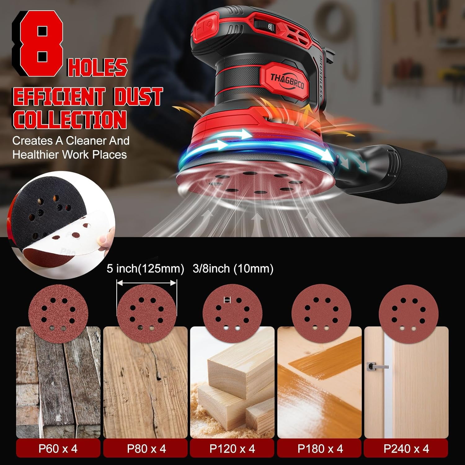Cordless Orbital Sander Compatible for  18V, Brushless Electric Sander with 12000 RPM and 6 Variable Speeds