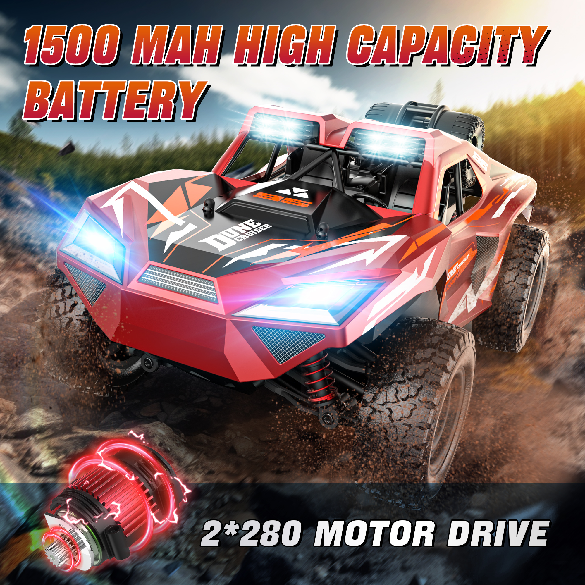 RC Car, 1:16 Scale Remote Control Monster Truck, 4WD Electric Vehicle with 2.4 GHz Remote Toys, 30 MPH RC Cars with LED Bodylight and 2 Batteries for Boys Girls