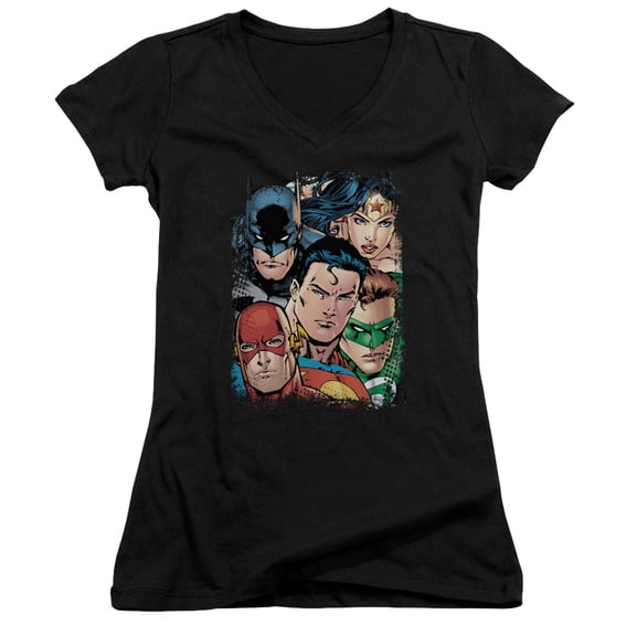 JLA Justice League Up Close And Personal Junior Women's T-Shirt V-Neck Black