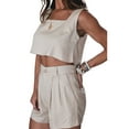 thumbnail image 5 of Franhais Women Summer Suit Two Piece, Solid Color Square Neck Crop Tops Button Shorts with Pockets Basic Set, 5 of 7