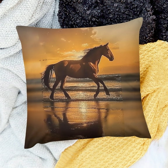 YILUYINQING Horse Beach Sunset Decor Linen Pillow Case for Home Sofa Couch - Set of 1, Various Sizes 18x18in