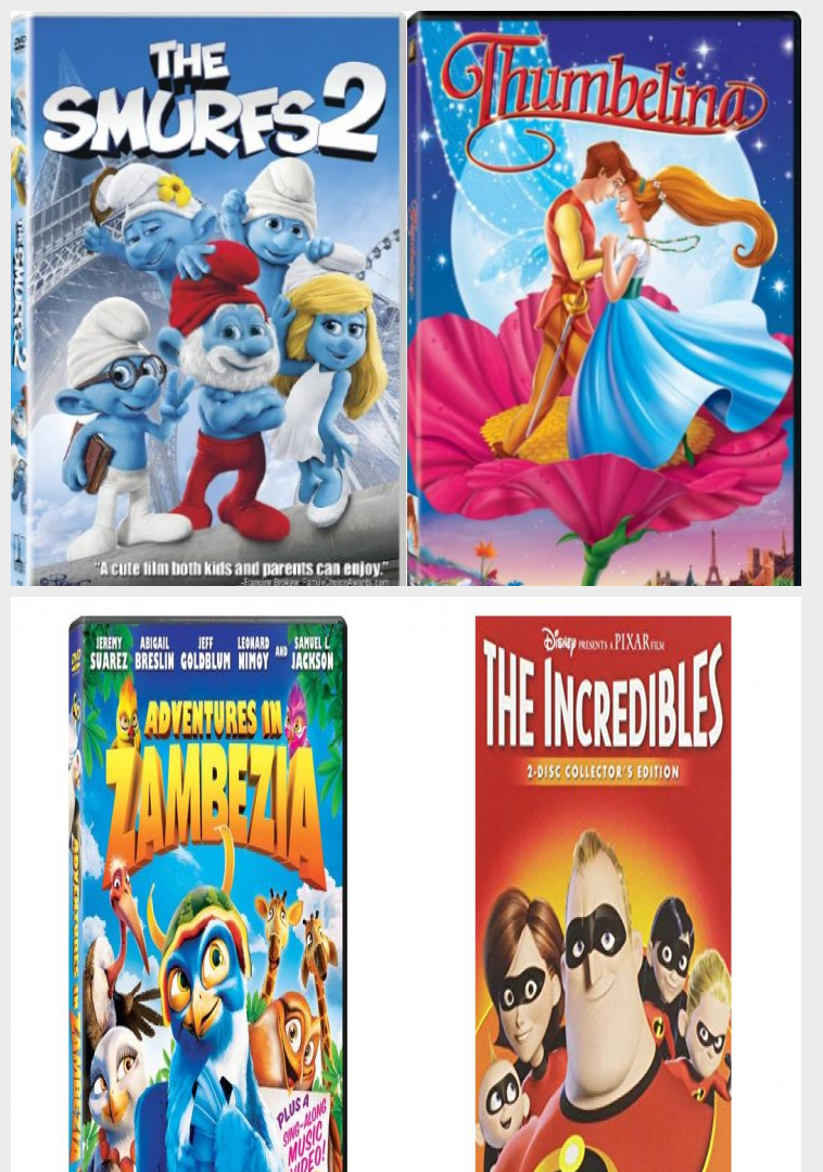 Children's 4 Pack DVD Bundle: The Smurfs 2, Hans Christian Andersens  Thumbelina, Adventures in Zambezia, The Incredibles 