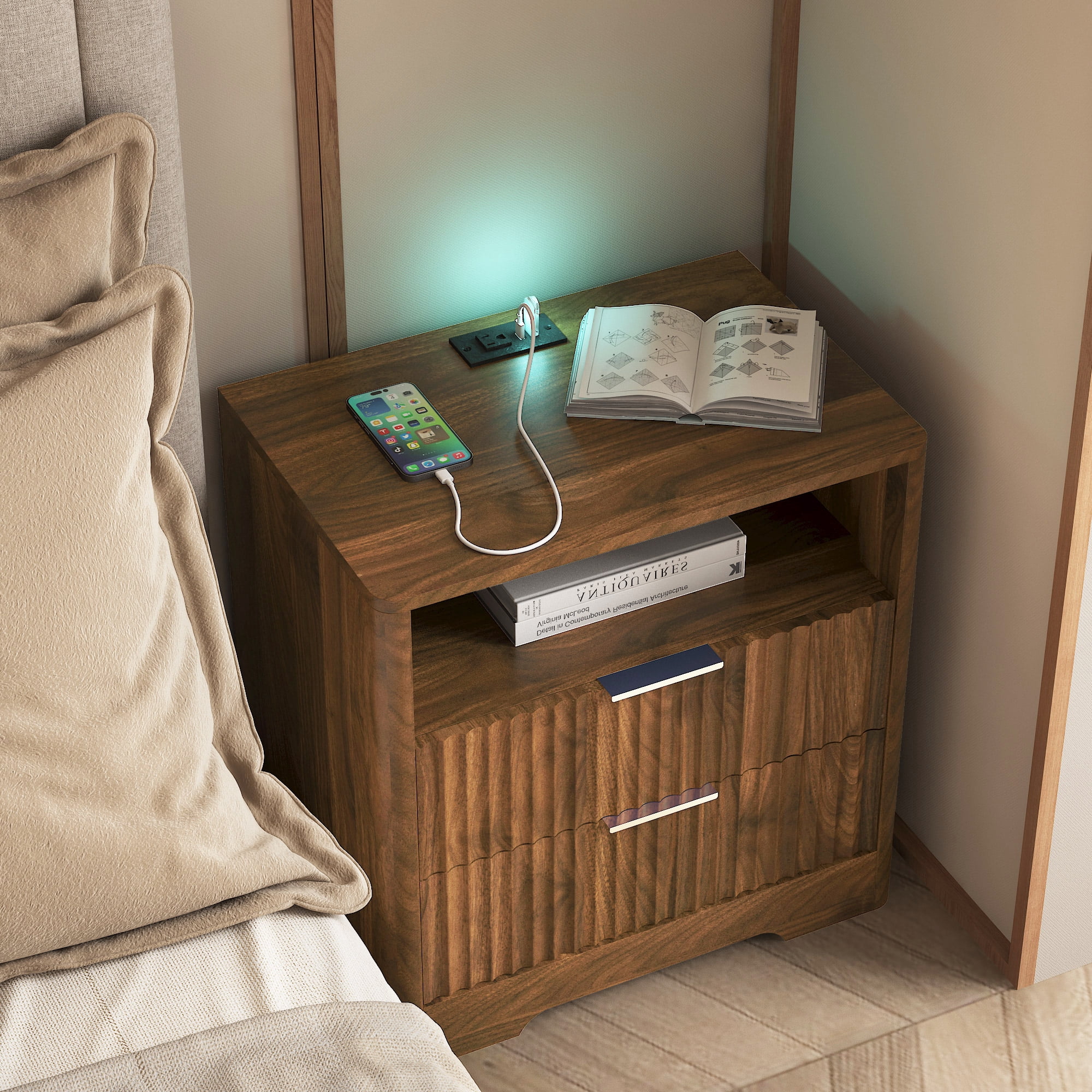 Aukfa Smart 2 Drawer Nightstand with Voice Control & Charging Station,7-Color LED Bedside Table for Bedroom,Walnut