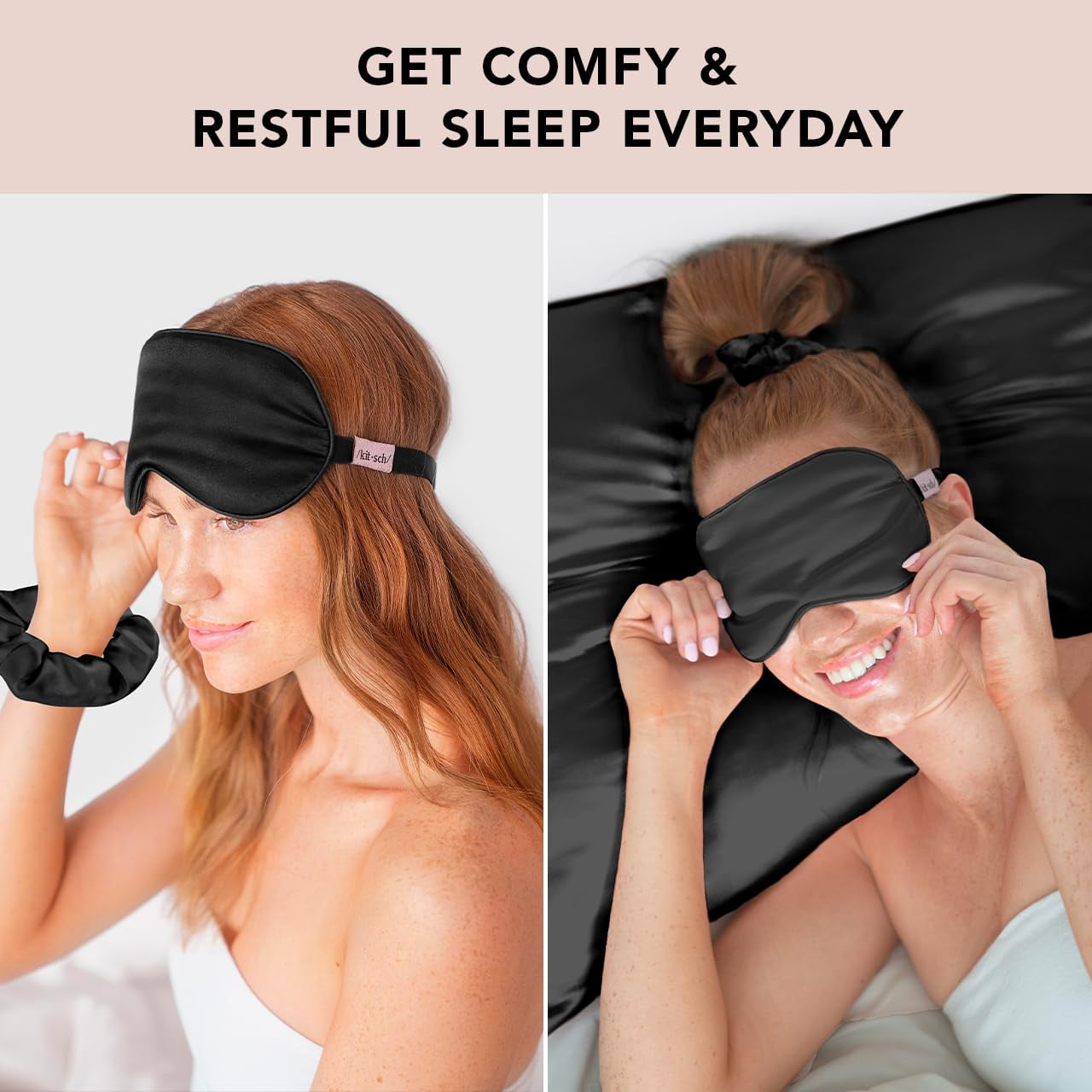 Kitsch Lavender Satin Sleep Eye Mask with Light Blocking, Black