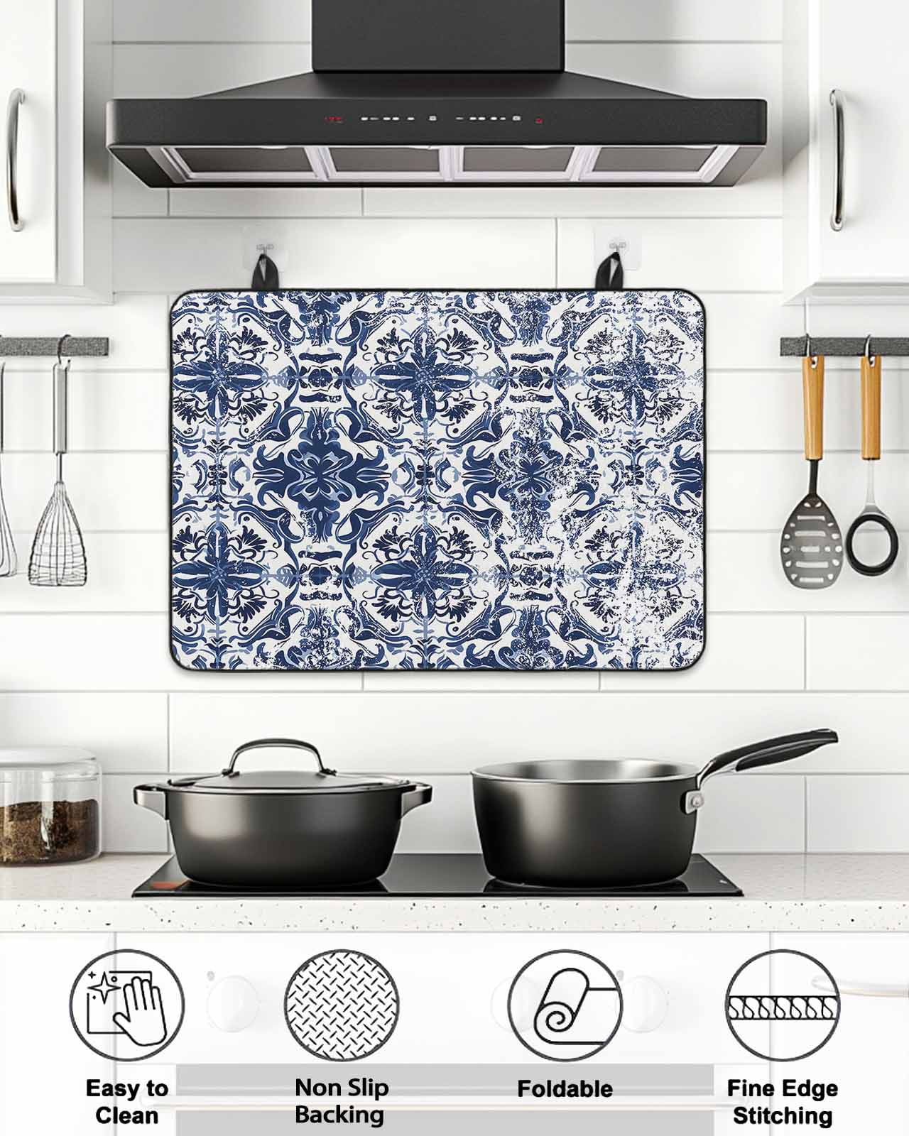 Stove Top Covers for Electric Stove, Navy Blue Boho Glass Stovetop Cover Protector, Ehtnic Abstract Art Modern Geometric Induction Cooktop Protector Oven Mat for Kitchen Countertop 24"x21"