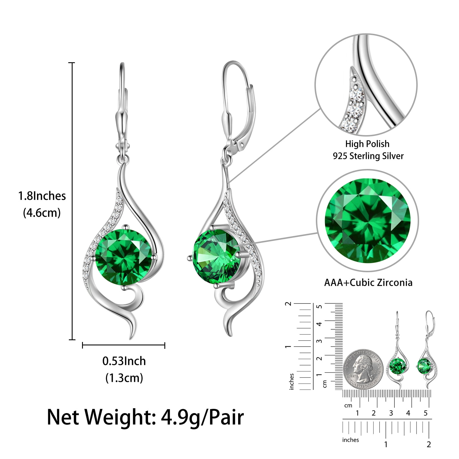 Juwaliy Women Dangle Earrings May Birthstone Earring Emerald Green 925 Sterling Silver Leverback Hanging Tail Jewelry Christmas Mother's Day Gift for Her/Mom/Grandma/Wife