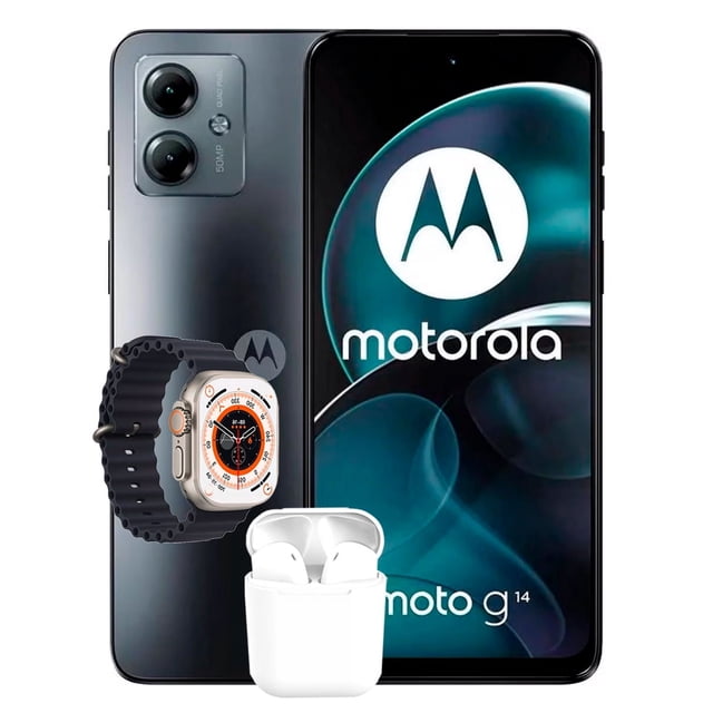 smartphone motorola moto g14 azul dual 128gb 4gb ram vista frontal y trasera, pantalla LED FHD+ de 6.5" (2400 x 1080) con logo Motorola; carcasa azul con módulo de cámara dual posterior (50MP + 2MP), lector de huellas lateral, dos altavoces con Dolby Atmos y batería 5000mAh; accesorios mostrados son ilustrativos.