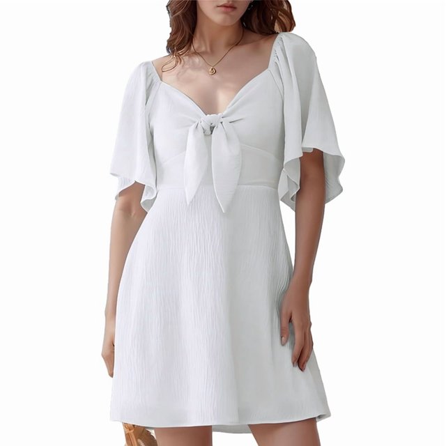 Robes pour Femmes Printemps Été Décolleté en V Profond Élégante Robe Mini à Nœud Blanc m