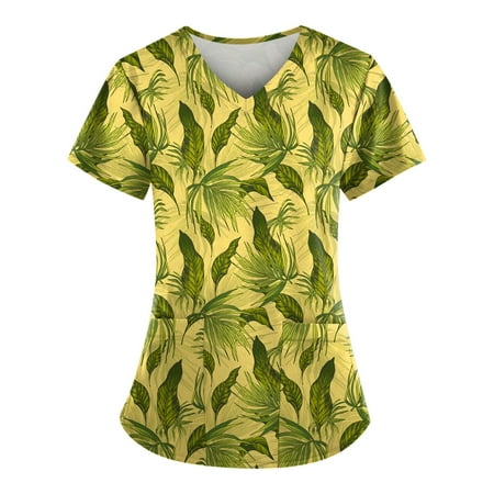 

Apepal Women T-shirt Cute Print Short Sleeve V-neck Top Work Uniform Pocket Scrub Tops