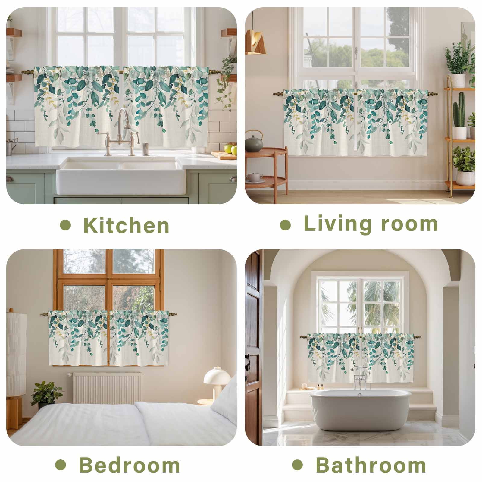 Teal Green Eucalyptus Tier Curtains 36 Inch Length, Farmhouse Weeping Leaves Linen Cafe Short Curtains for Bathroom Over Sink, Small Kitchen Curtain Light Filtering Tiered Drapes 2 Panels 27.5"Wx36"L