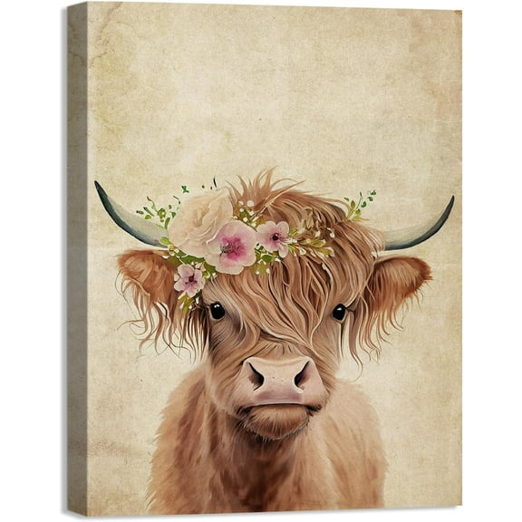 Aaheei Highland Cow Canvas Wall Decor Funny Cow with Pink Flowers Wall Art Print Retro Animal Artwork for Living Room Bedroom children's room Home Decoration Ready to Hang
