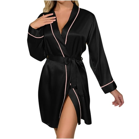 HAPIMO Lingerie Silk Robe Bathrobe Lightweight Cardigan Pajamas for Women Holiday Half Sleeve Waistband Comfy Relaxed Sleepewear Lace Teen Girls Satin Trendy Black XL