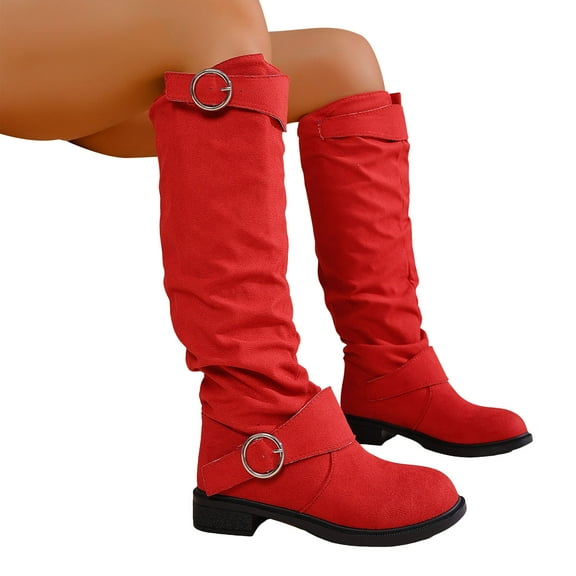 Suede Knee High Boots Women Slouchy Round Toe Chunky Heel Tall Riding Booties Fashion Buckle Strap Casual Winter Over the Knee Boots Red 8