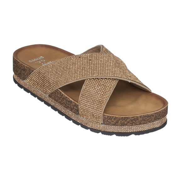 GC Shoes Women's Cork Platform Footbed Sandals, Casual Summer Comfort Slides, Criss Cross Strap Slip Ons, Ariane/Gold/10