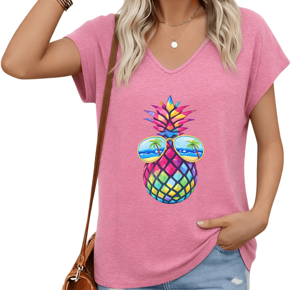 UNISHE Women Casual V Neck Short Sleeve T Shirt Funny Pineapple Sunglasses Tropical Graphic Vintage Cute Loose Plus Size Tee S-5XL