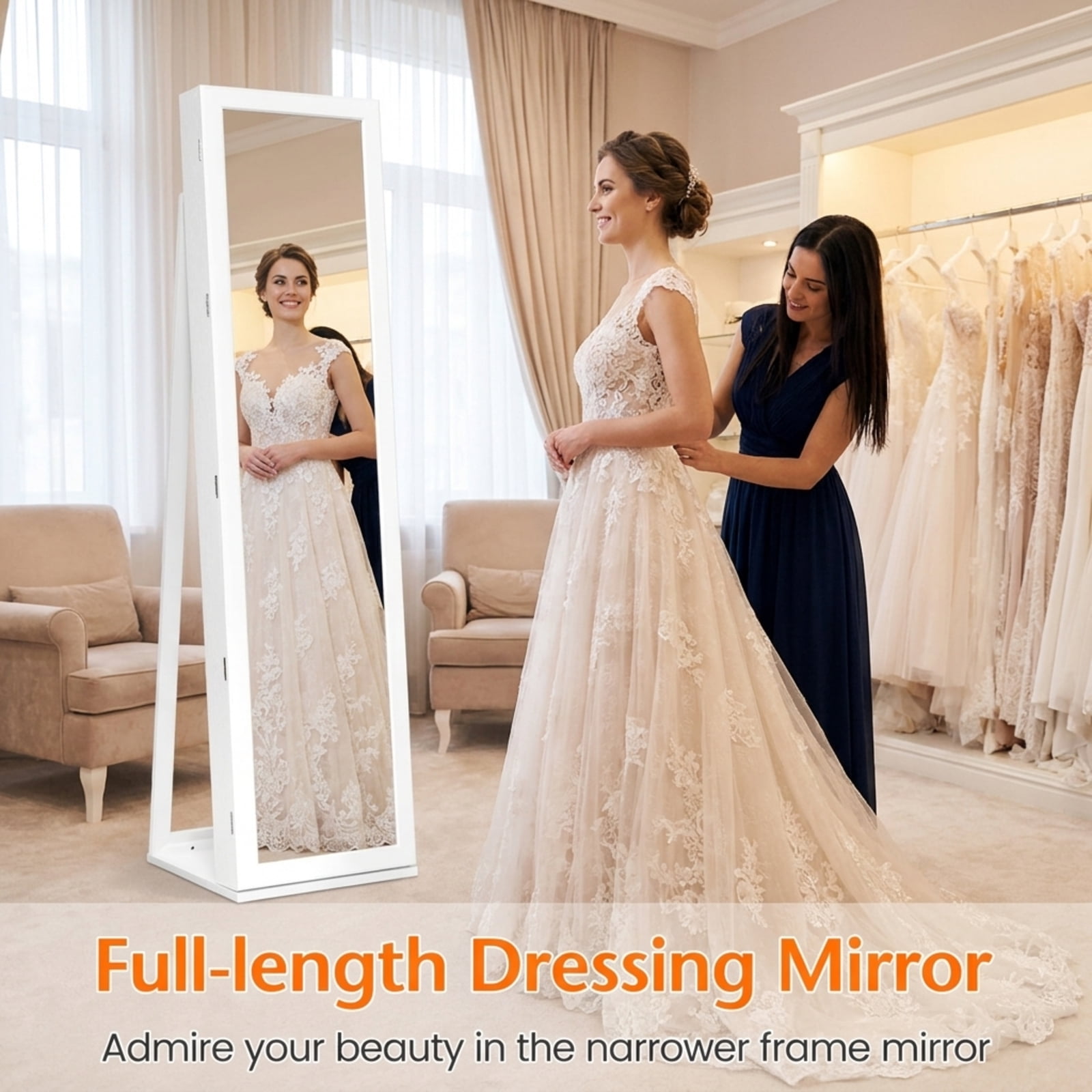 Furnibear Standing Lockable Jewelry Storage Organizer with Full-Length Mirror for Bedroom Dressing Room Jewelry Necklace Rings Storage Mirror, White