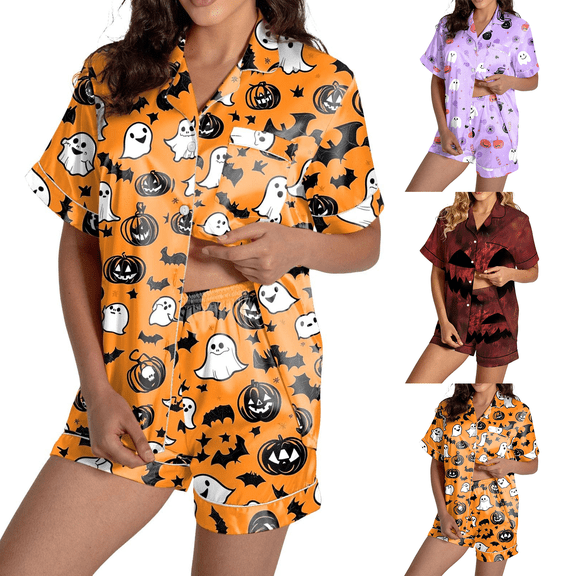 IMENGL Halloween Pajamas Set for Women Comfy Casual Short Sleeve Button Down Tops and Shorts Comfort Soft Loungewear Womens Pajama Sets,S-XXXL