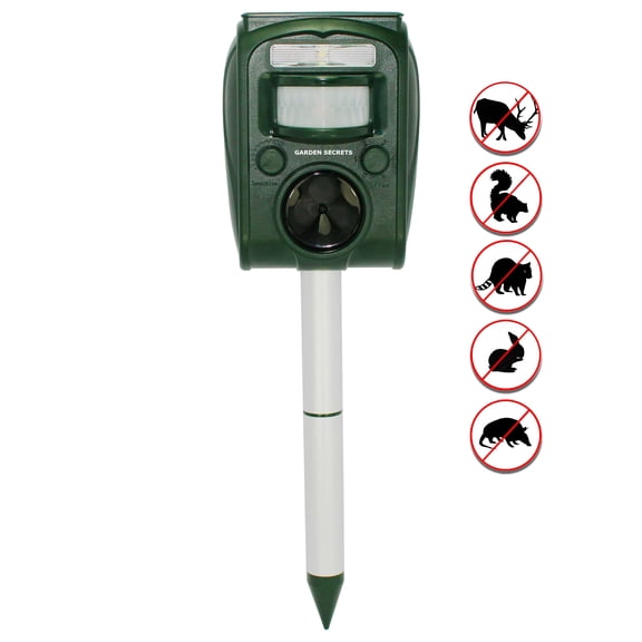 GARDEN SECRETS Solar Ultrasonic Animal Repellent. Deer Repellent Outdoor, Raccoon Repellent, Skunk Repellent, Cat Rat Dog Mice Deterrent Devices. Waterproof, Keep Animals Away.