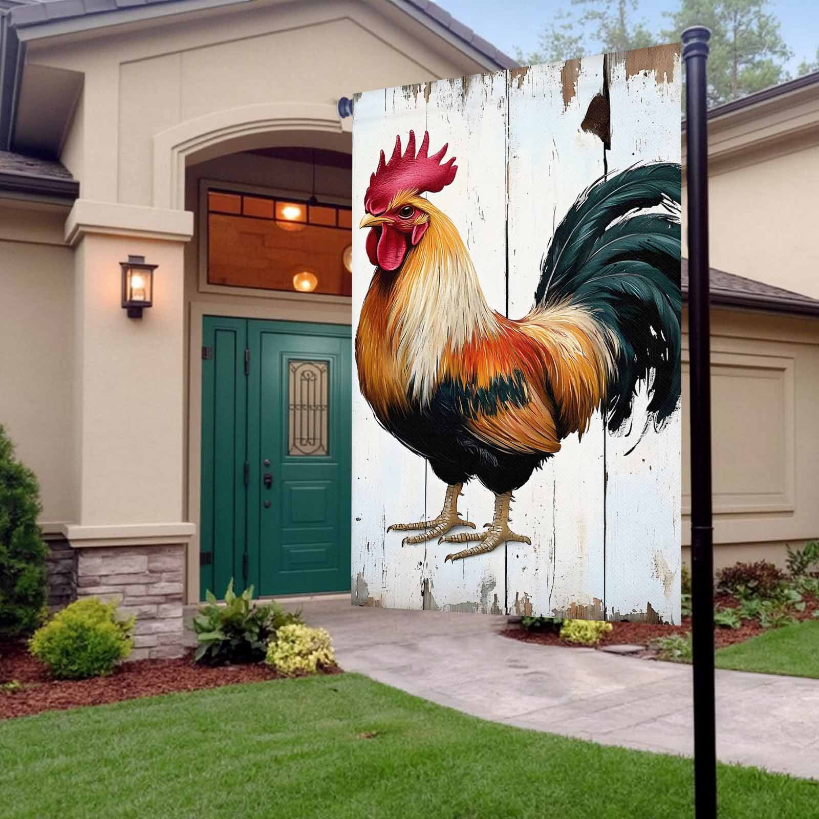 Garden Flag Double-Side Printed House Flag Vintage Rooster Yard Flag White Wood Grain Welcome Banner Decor Outdoor Holiday Decorations 28*40in