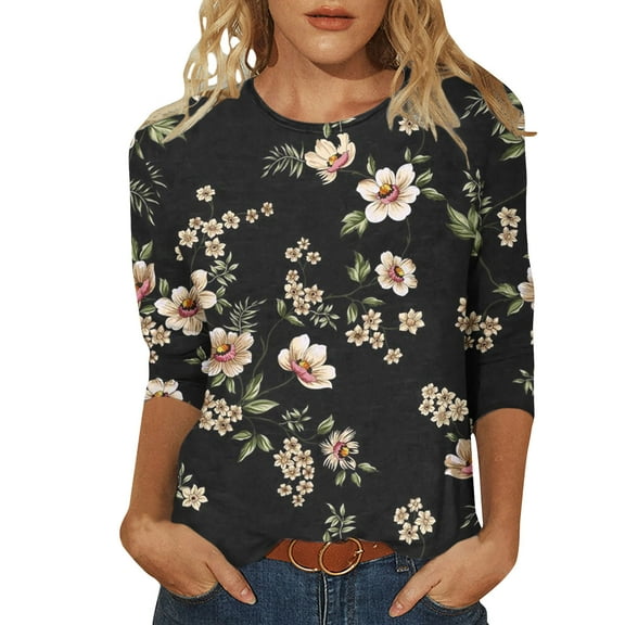 Women's 3/4 Length Sleeve Floral Tops Crewneck Vintage Flowers Printed T Shirts for Women Summer Casual 2025 (X-Large, Black 08)