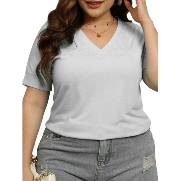 MAWCLOS Ladies T-shirt Plus Size Tops V Neck Tunic Loose Holiday Short  Sleeve Blouse White XL