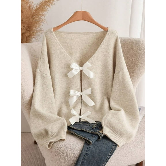 Womens Sweater Long Puff Sleeve V Neck Cardigan Lightweight Fashion Knit Tops Apricot L