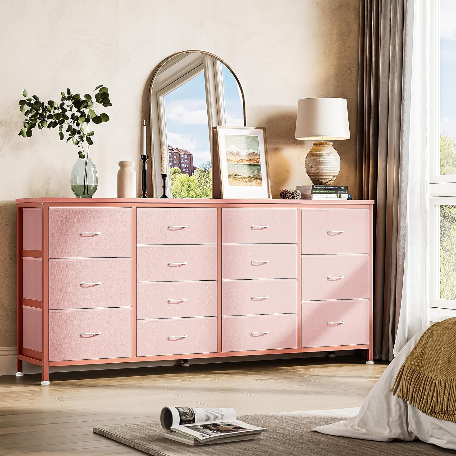 M optimized 63" Dresser for Bedroom, TV Stand for 65 70 75 inch TVs, 14 Drawer Dresser with Power Outlets, Large Long Fabric Dresser Entertainment Center