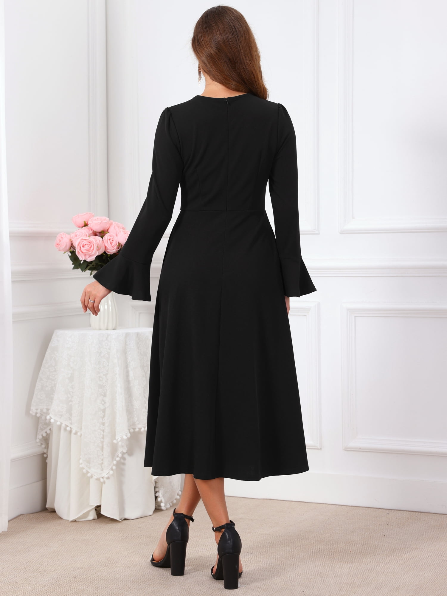 DARING DIVA Women's Formal Bell Sleeve Crewneck A-Line Pockets Dress S Black