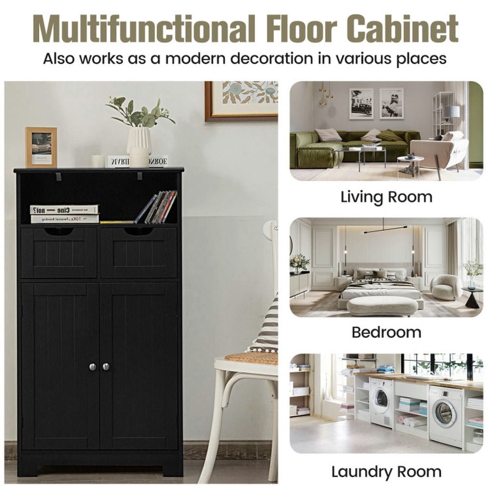 Finihen Bathroom Storage Cabinet, Bathroom Floor Cabinet, Bathroom Wooden Side Cabinet with 2 Drawers and 2 Doors, for Bathroom, Living Room, Bedroom, Kitchen, Black Finihen Bathroom Storage Cabinet, Bathroom Floor Cabinet, Bathroom Wooden Side Cabinet with 2 Drawers and 2 Doors, for Bathroom, Living Room, Bedroom, Kitchen, Black
