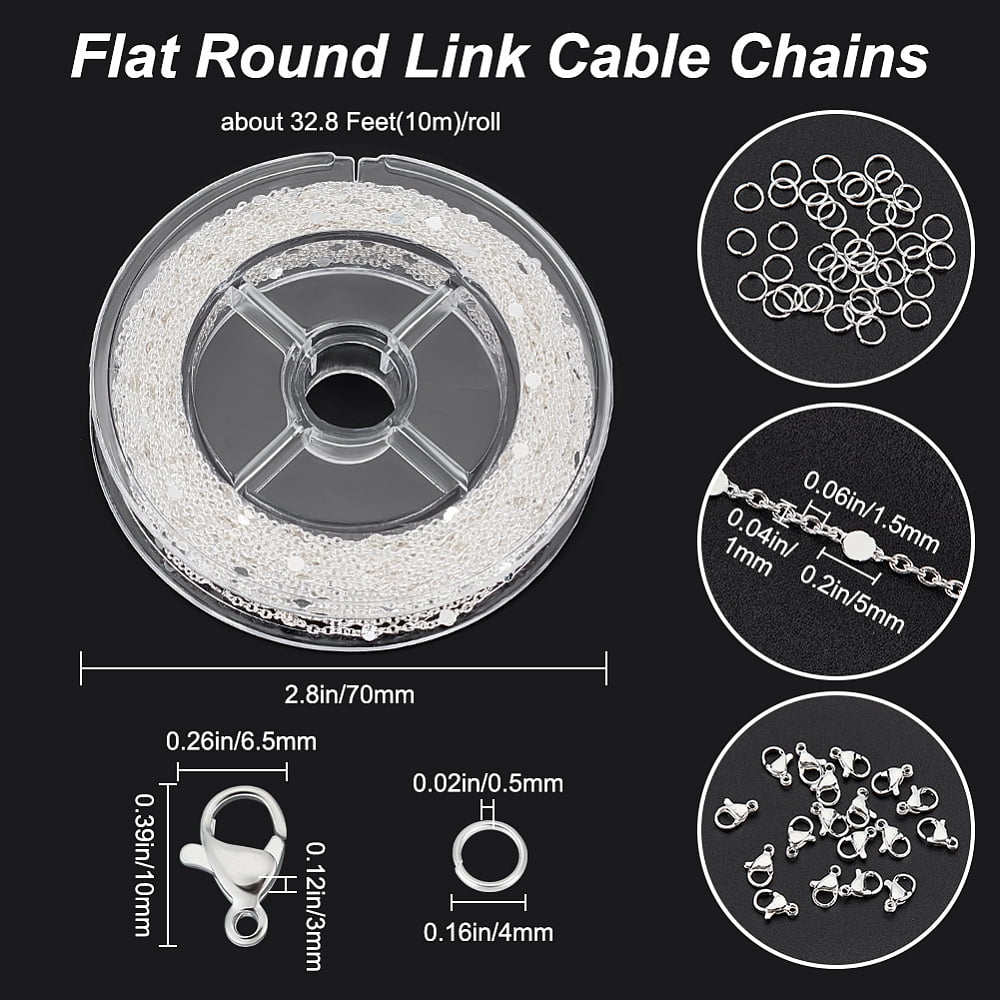 DIY Chain Bracelet Necklace Making Kit Including Brass Flat Round Link Chains 304 Stainless Steel Clasps & Jump Rings Silver Chain: 10M/set DIY
