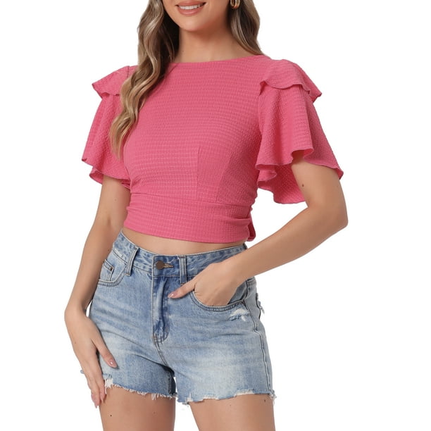 INSPIRAR CHIC Blusas cortas bohemias con lazo frontal para mujeres, con mangas cortas texturizadas, escote en V sexy, ropa de playa S Rosa Fucsia