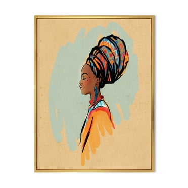 Designart 'Portrait of African American Woman With Turban II' Modern Framed Canvas Wall Art Print
