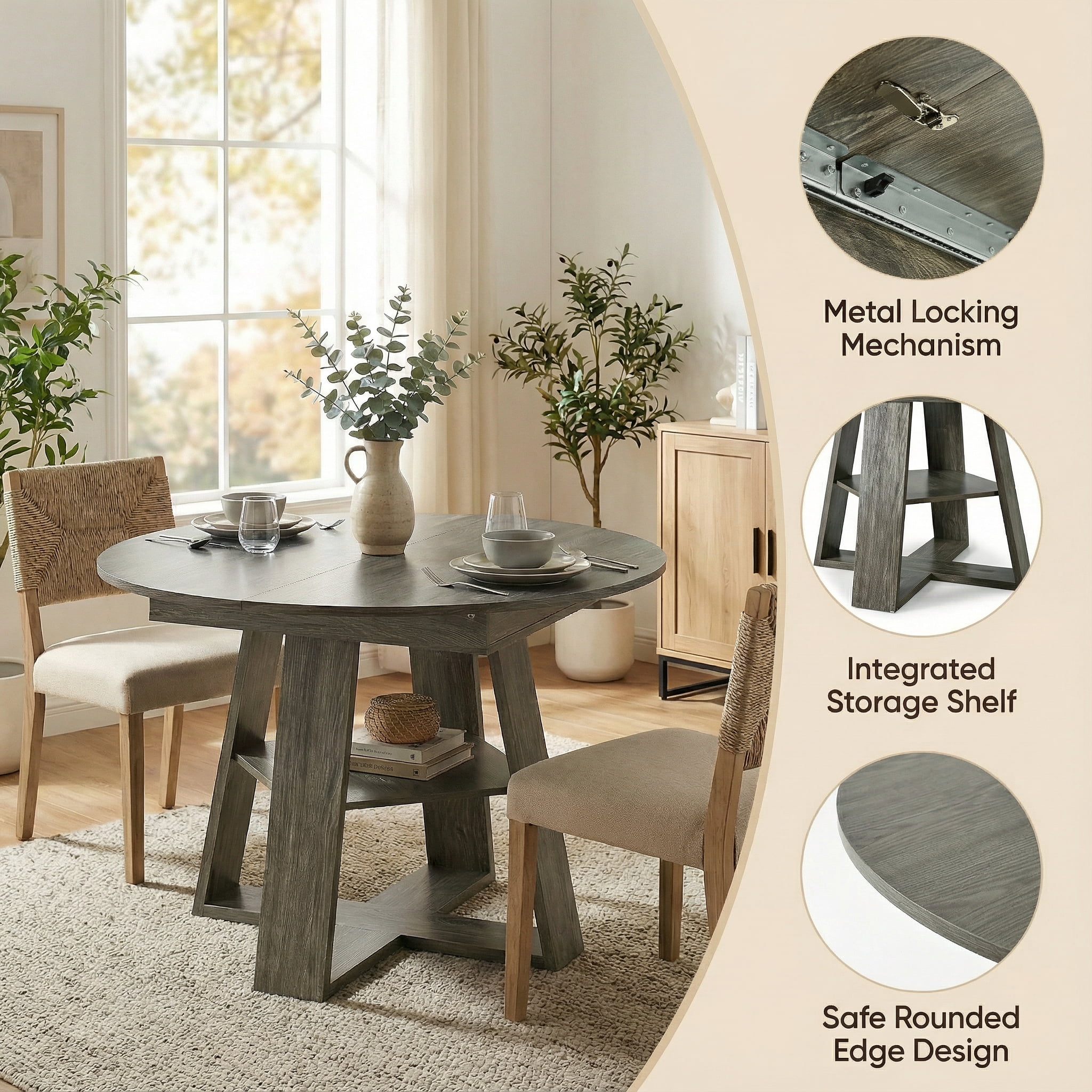 Extendable Dining Table for 2-8, Round to Oval Kitchen Table with Storage Shelf, Thick MDF, Cross-Shaped Base, 43.3 to 59-Inch Length, 300 Lbs Capacity, for Dining Room Kitchen Living Room, Natural