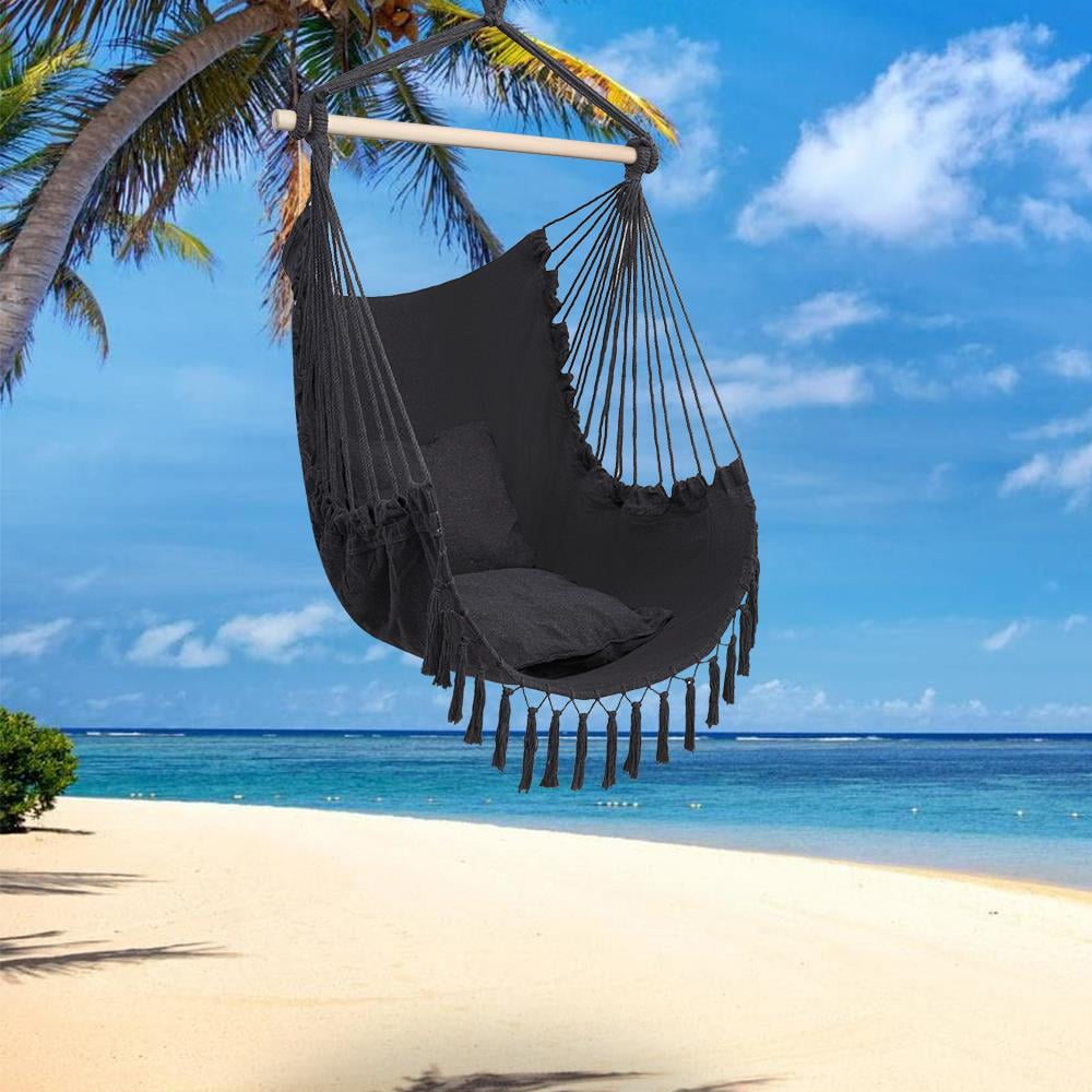 Ktaxon Hanging Hammock Chair with 2 Cushions, Anti-Slip Spreader Bar for Indoor & Outdoor, Black