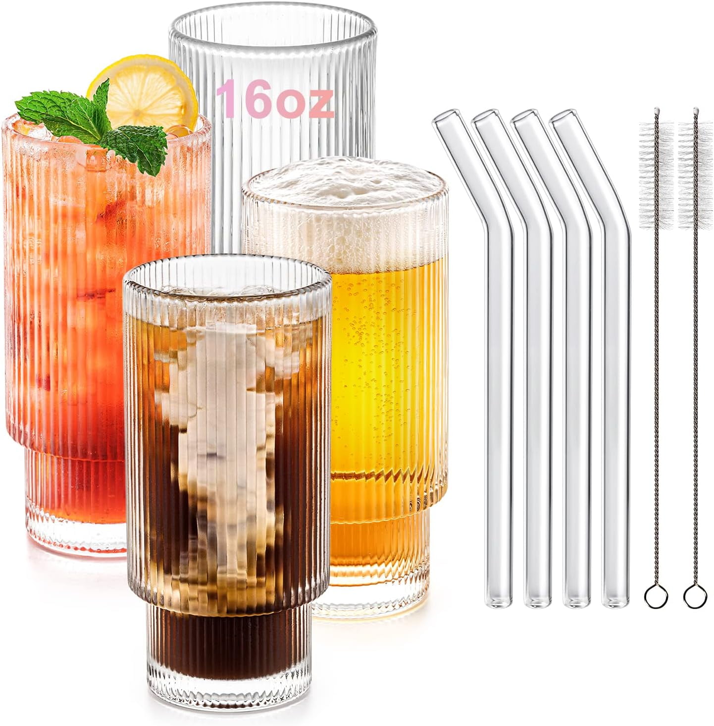 Dingerjar Stackable Ribbed Glass Cup Set of 6 12oz, Colored Iced Tea  Glasses for Water, Beverage, Juice, Wine, Beer, and Cocktails