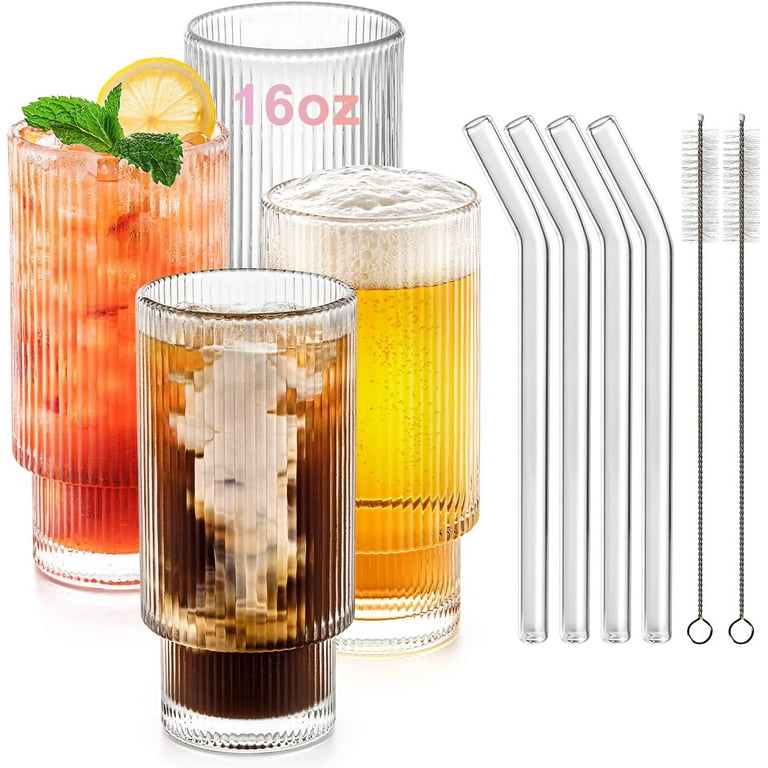 Combler Ribbed Glass Cups with Glass Straws, 16 oz Drinking Glasses, Iced Coffee Cup, Ribbed Glassware Set of 4, Aesthetic Cocktail Glasses, Thick