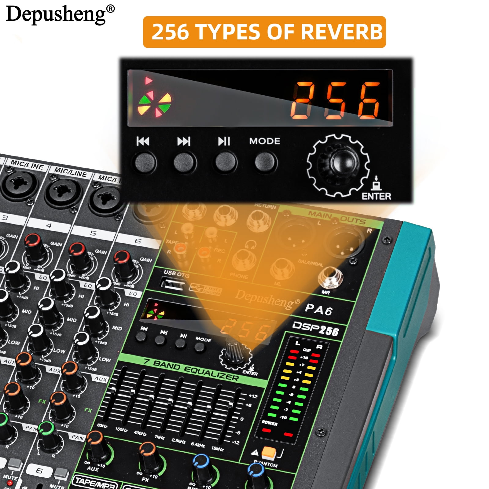 Depusheng Professional Audio Mixer 6-Channel Mixing Console with 256DSP USB & Bluetooth 48V Power for Professional and Beginners