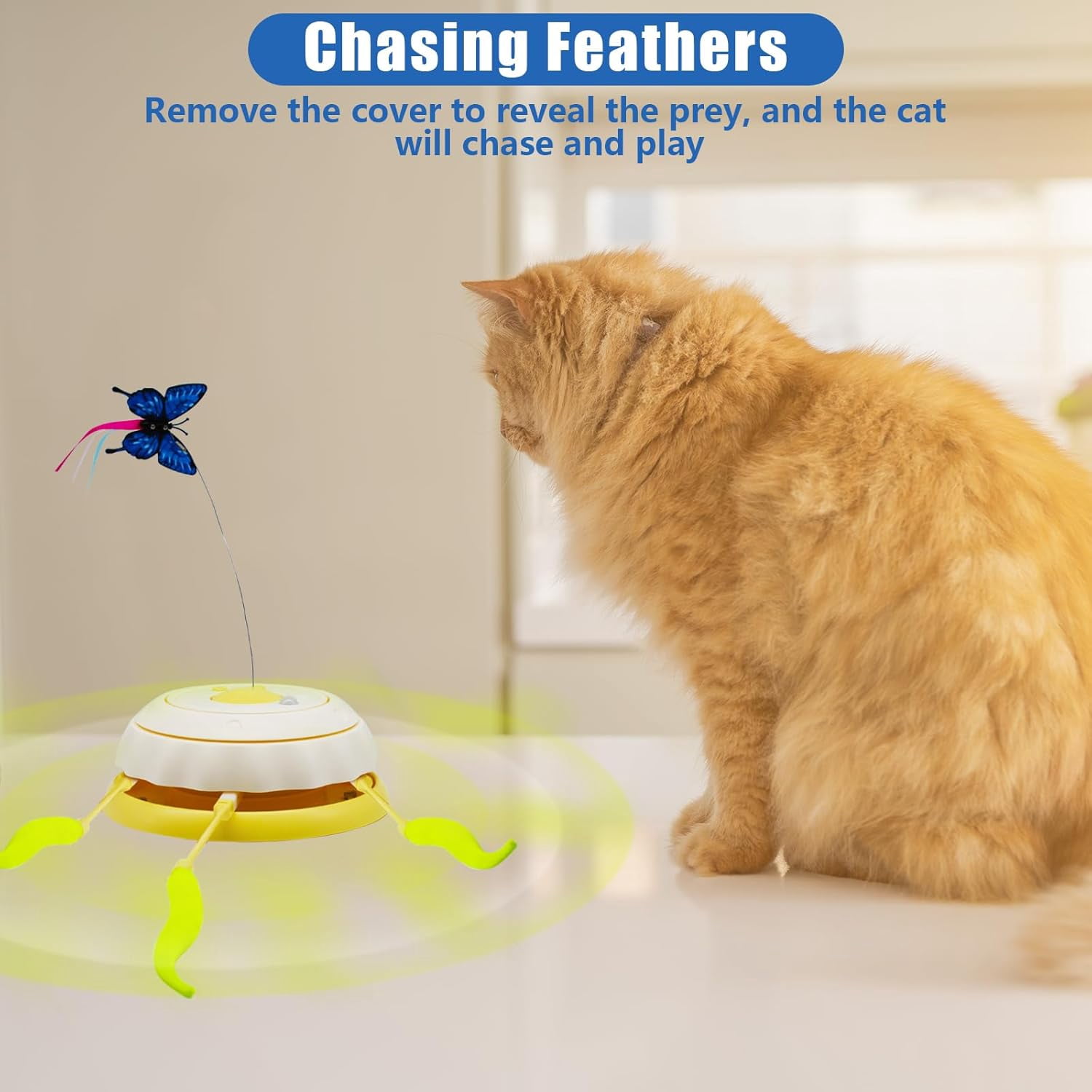 Magicorange Interactive Cat Toy for Indoor Cats, Hide and Seek Cat Toy Rechargeable, Automatic Moving Feather Toy, Non-Slip Suction Cup Base