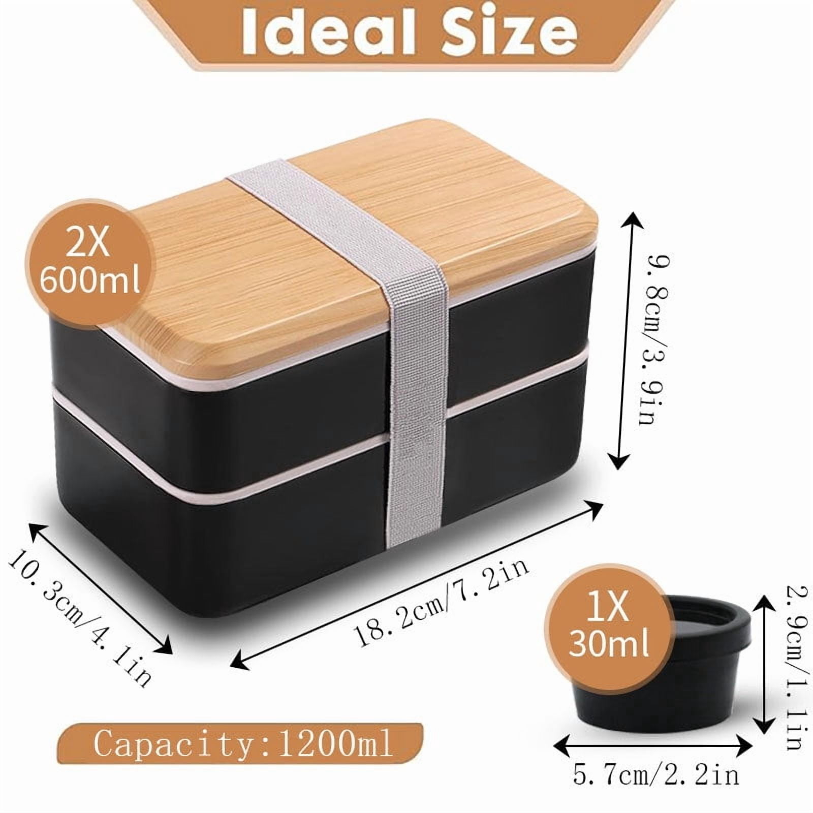 Bento Box Adult Lunch Box with Compartments for Women & Men,(1200ml)Stackable Japanese Bento Lunchbox,Rectangle Lunchable Food Container with Utensil Set Including sauce cup and insulation bag (black)
