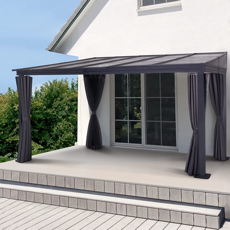 COVERONICS 10×13FT Polycarbonate Hardtop Gazebo - Outdoor Wall-Mounted Aluminum Frame Gazebo with Sloping Roof & Breathable Netting & Shaded Curtains for Patio  Rainy Day  Sunlight