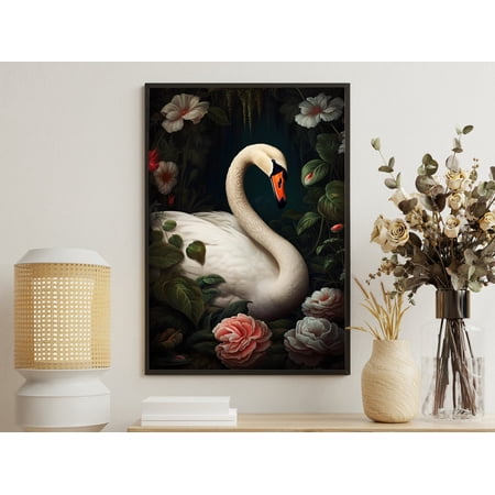 Vintage Swan Wall Art Print With Cottage Floral And Romantic Decor Unframed Paper Print