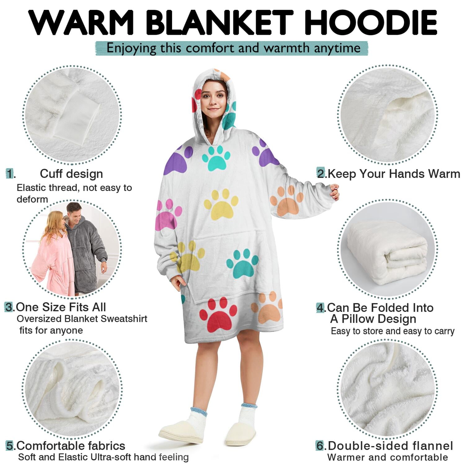 Colorful Dog Paw Footprint Wearable Oversized Blanket,Wearable Blanket Hoodie for Adults,Cozy Hooded Blankets with Super Pockets,Super Warm Fuzzy Pullover for Women & Men